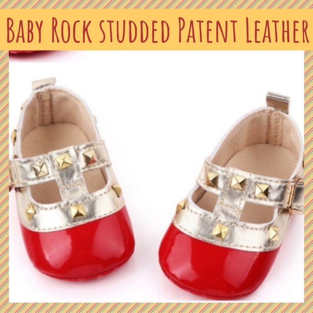 NWT, Baby Shoes in Red & Silver Patent Leather w/Gold Studs - Infant Sizes 0-12m